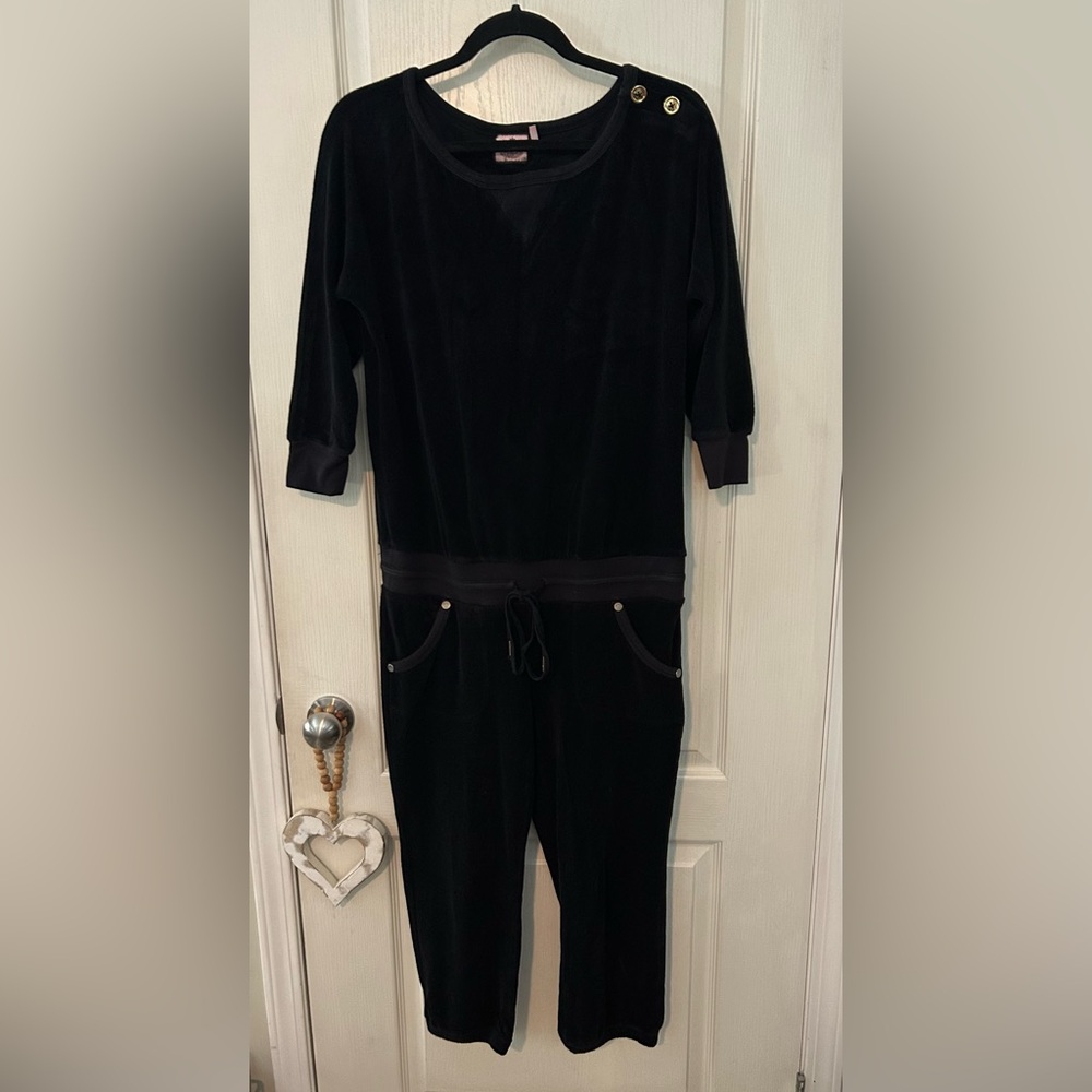 Juicy Couture Black Terry Cropped Jumpsuit with Button Detail